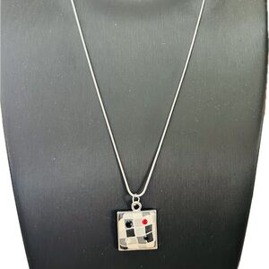 Grey & Black Mosaic Design Rhinestone Pendant Silverplated Fashion Necklace 18"